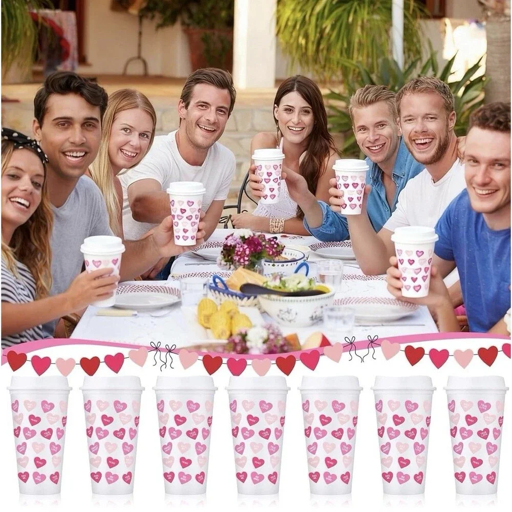 Bokon 12 Pcs Valentine's Day Cups with Lids Conversation Heart Cups 16oz